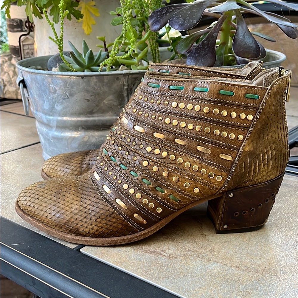 Brown and Green Studded Ankle Boots